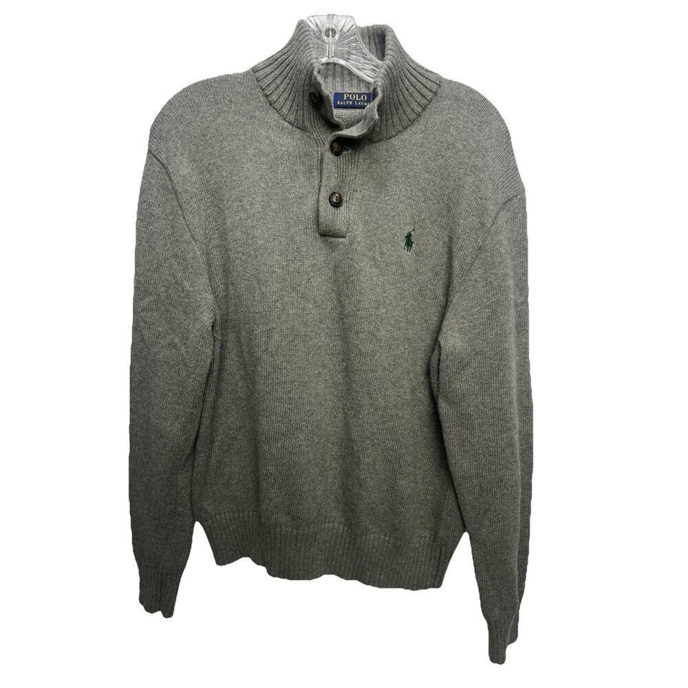POLO Ralph Lauren Sweater Mock Neck 3-Button Pullover Logo Gray